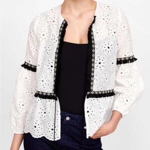 Zara White Eyelet Blouse with Black Accents